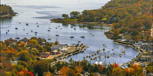 Fall Foliage in Maine - Aerial View of Camden Harbor and Camden Hills State Park